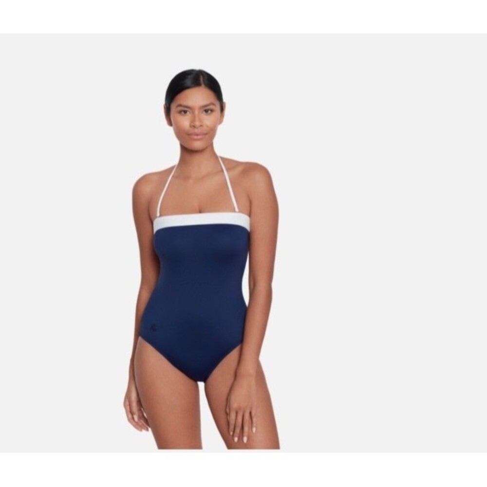 LAUREN RALPH LAUREN Bel Air Bandeau One Piece Swimsuit Size 14 Navy Blue NEW